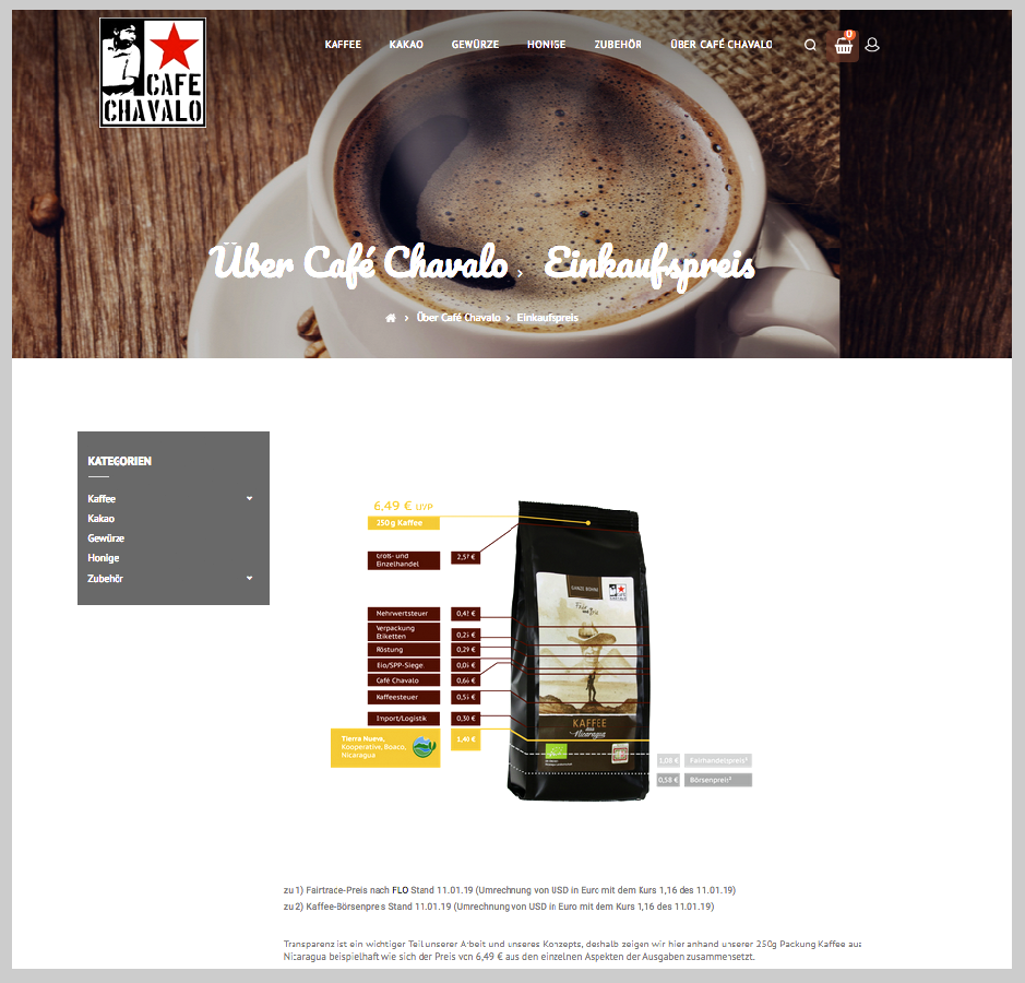 Screenshot Cafe-Chavalo Info-Grafik zur Preisgestaltung des Kaffees, transfair und bio gehandelt